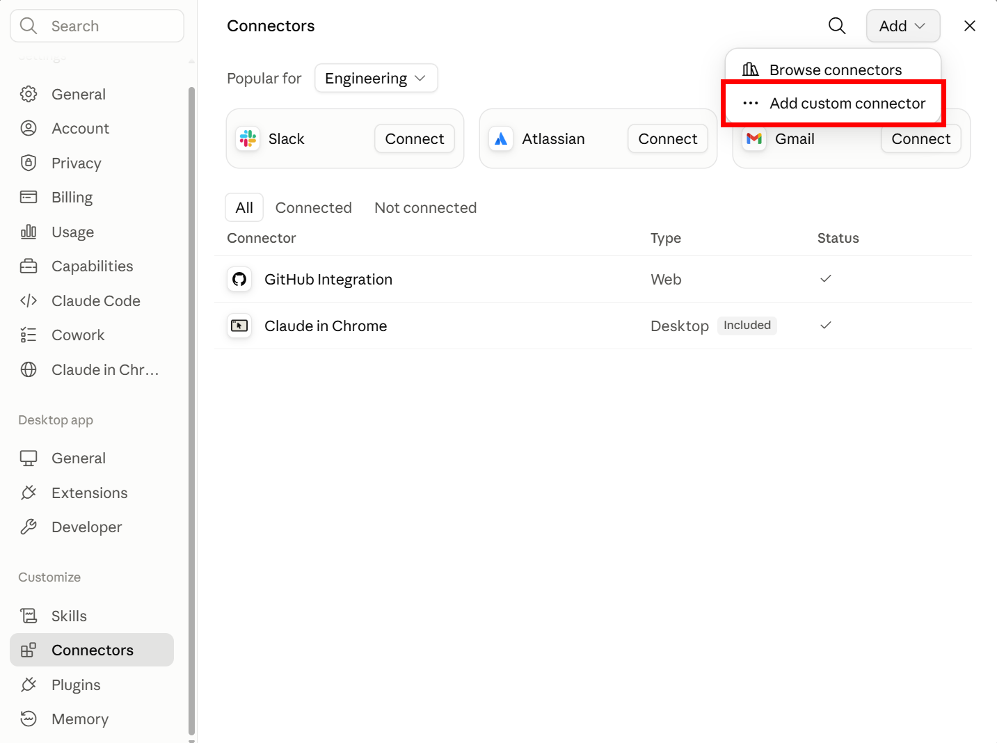 The Add custom connector option in Claude settings