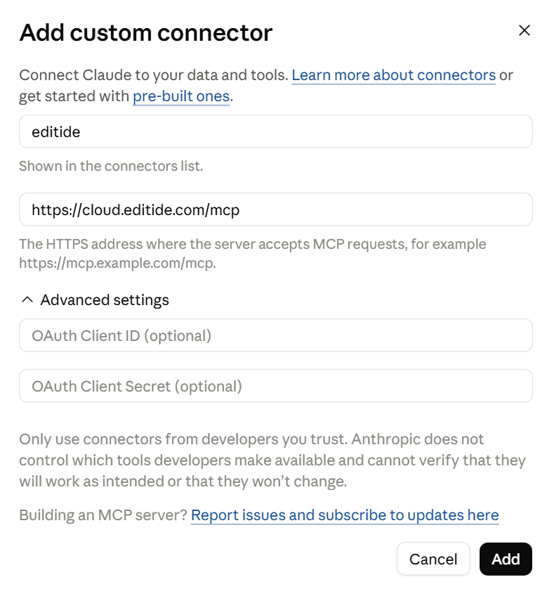The editide name and server URL in Claude's custom connector form