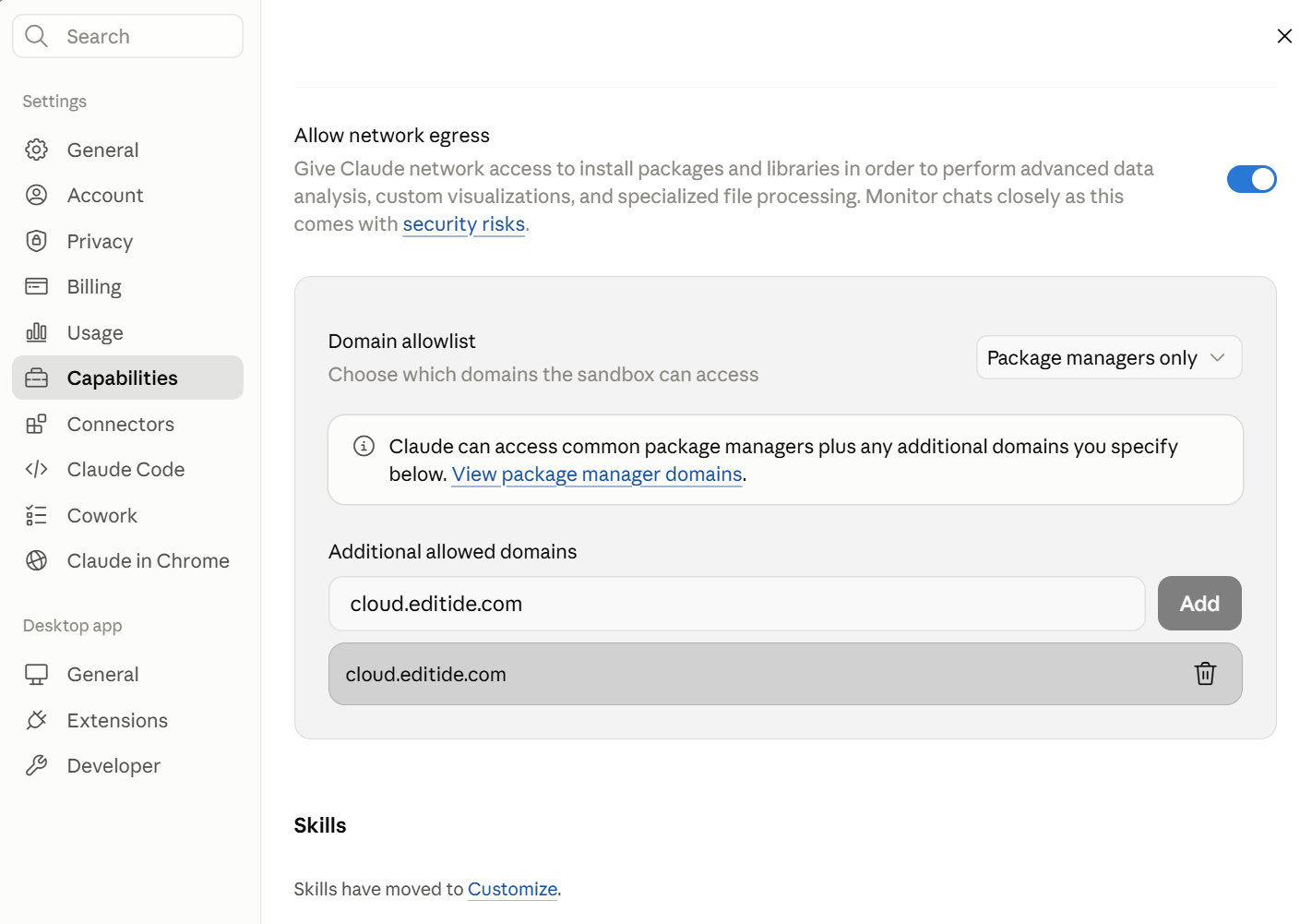 Adding cloud.editide.com to the Claude Desktop domain allowlist