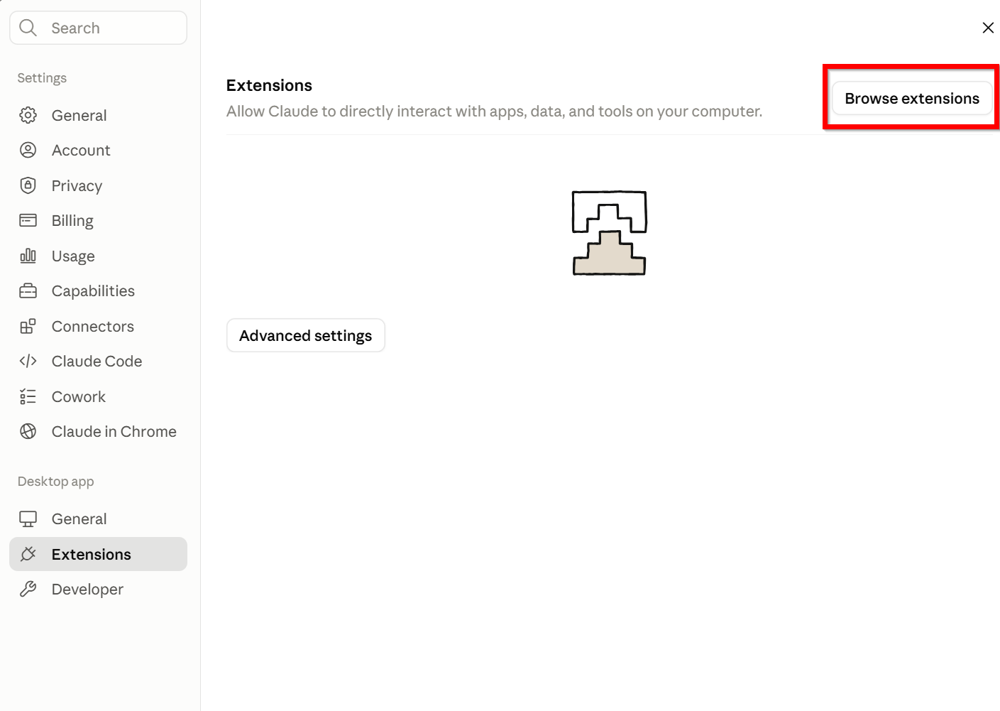 Browsing and installing an extension in Claude Desktop