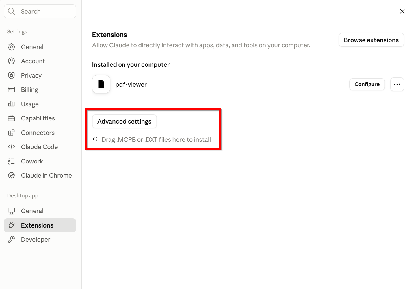 Dragging the editide.mcpb file onto the install drop area