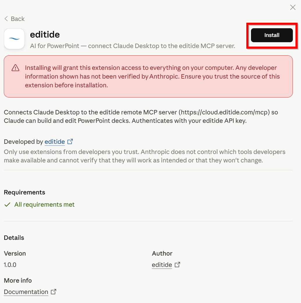 Claude Desktop confirmation pop-up to install the editide extension