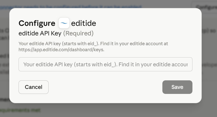 Entering the editide API key in the extension settings