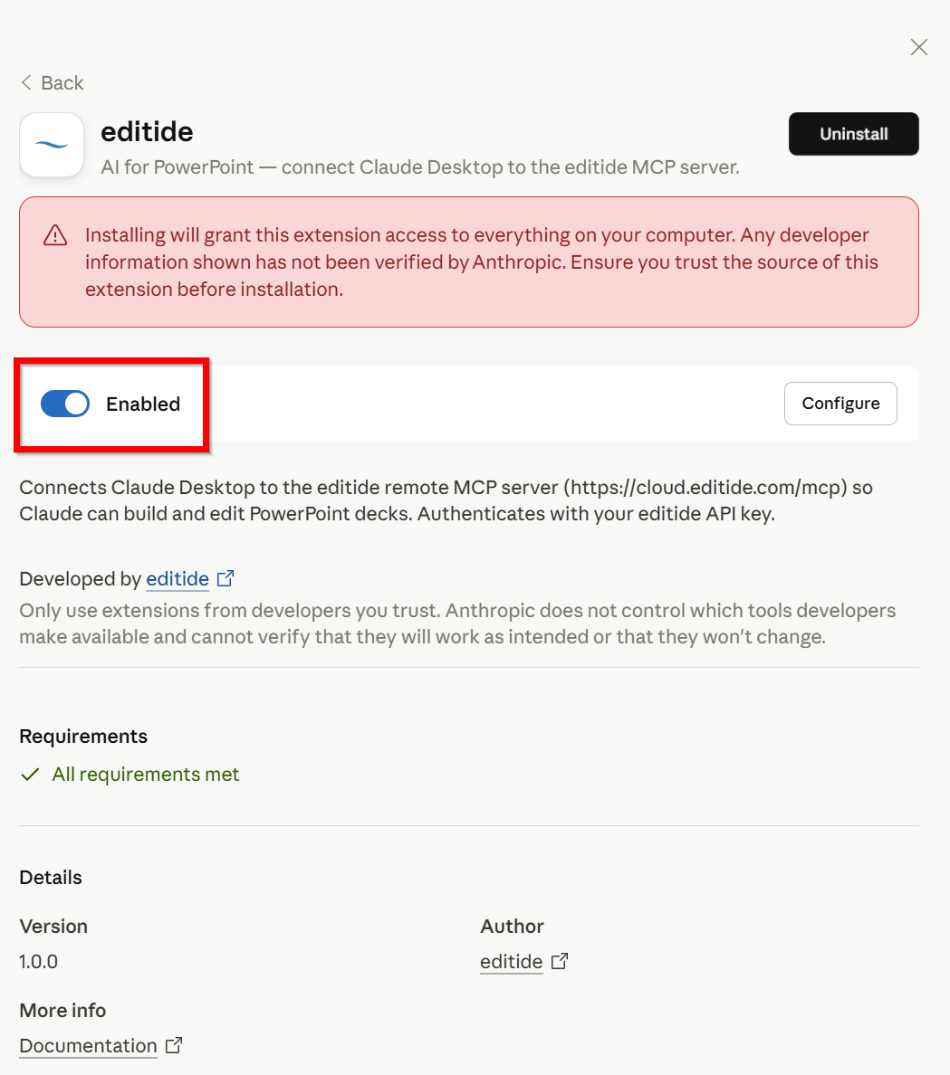 Enabling the editide extension with the toggle