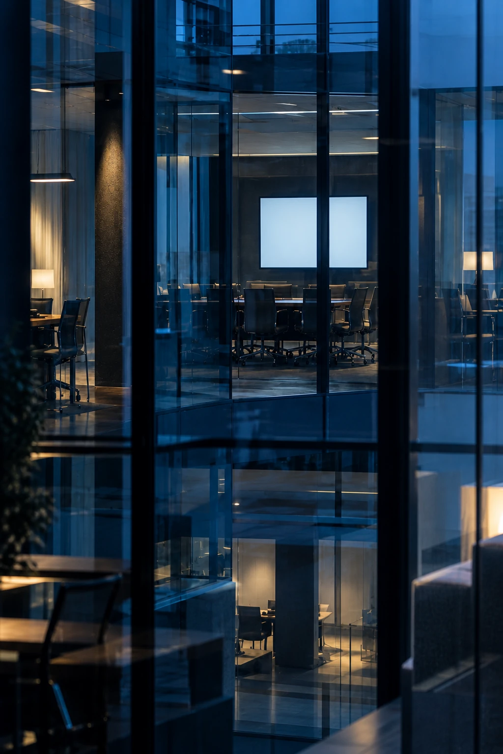 Glass-walled conference room illuminated at dusk