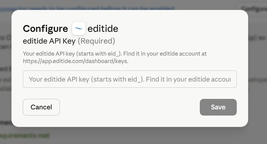 Entering the editide API key in the extension settings
