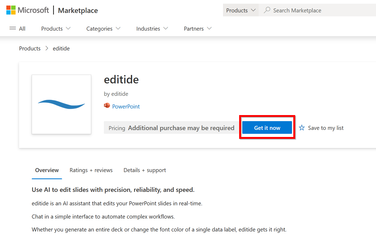 Getting the editide add-in from the Microsoft Marketplace