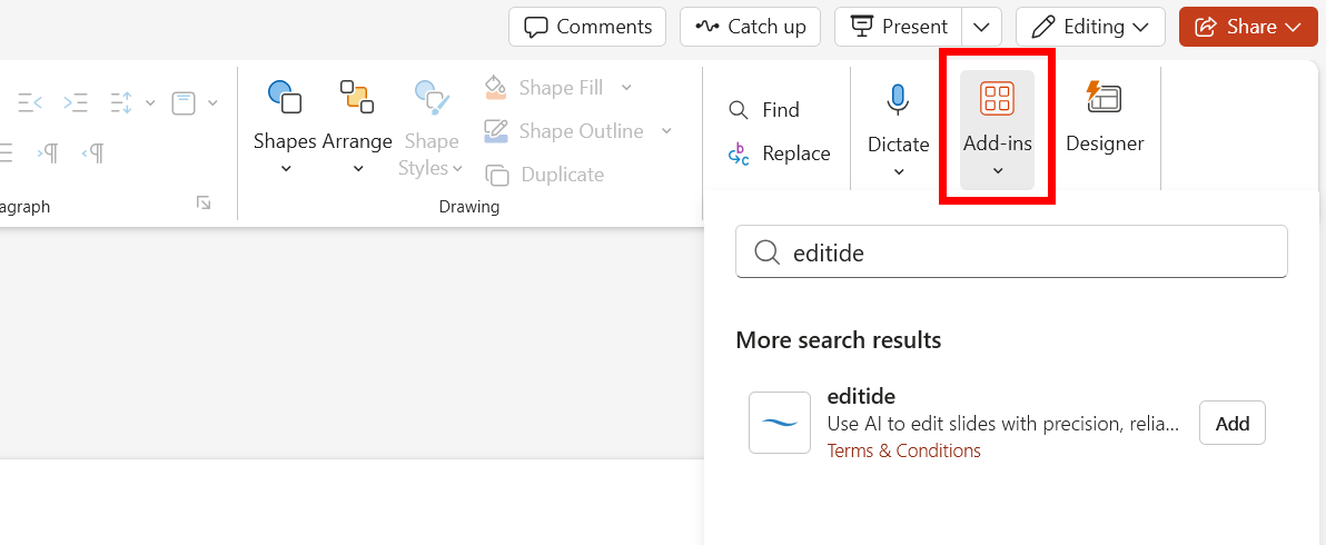 Opening the Add-ins menu from the PowerPoint Home tab