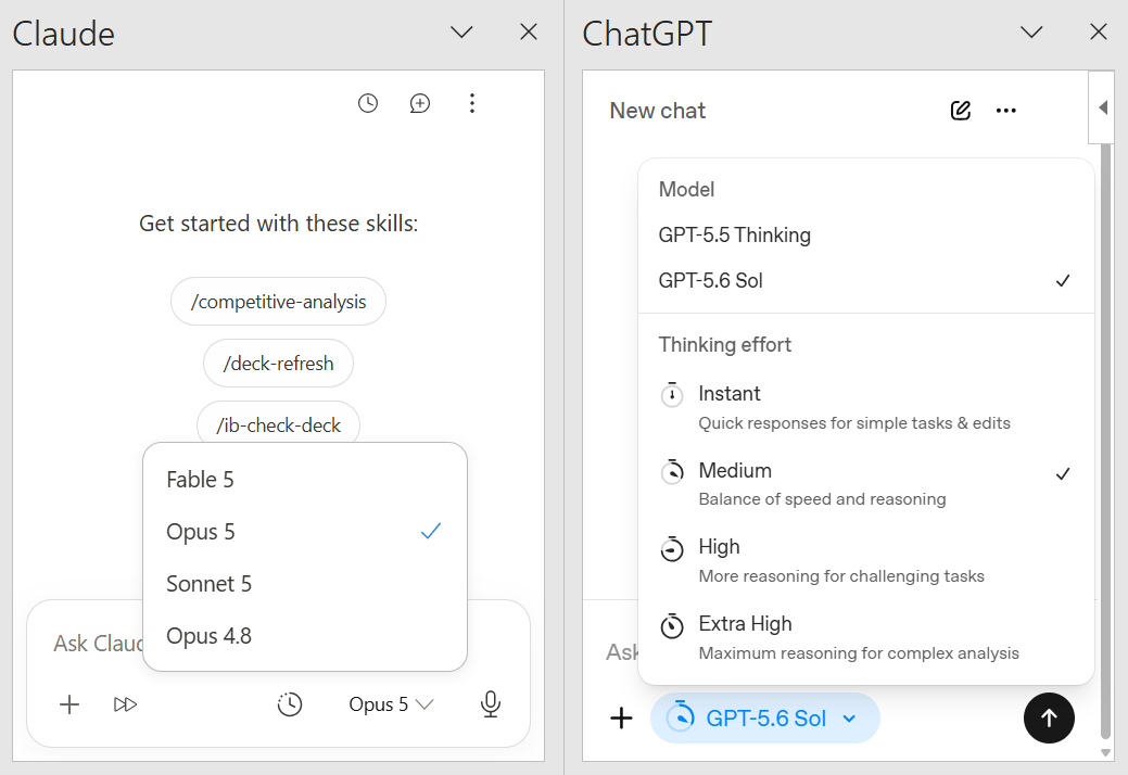 Claude and ChatGPT model pickers in PowerPoint, with only larger models available