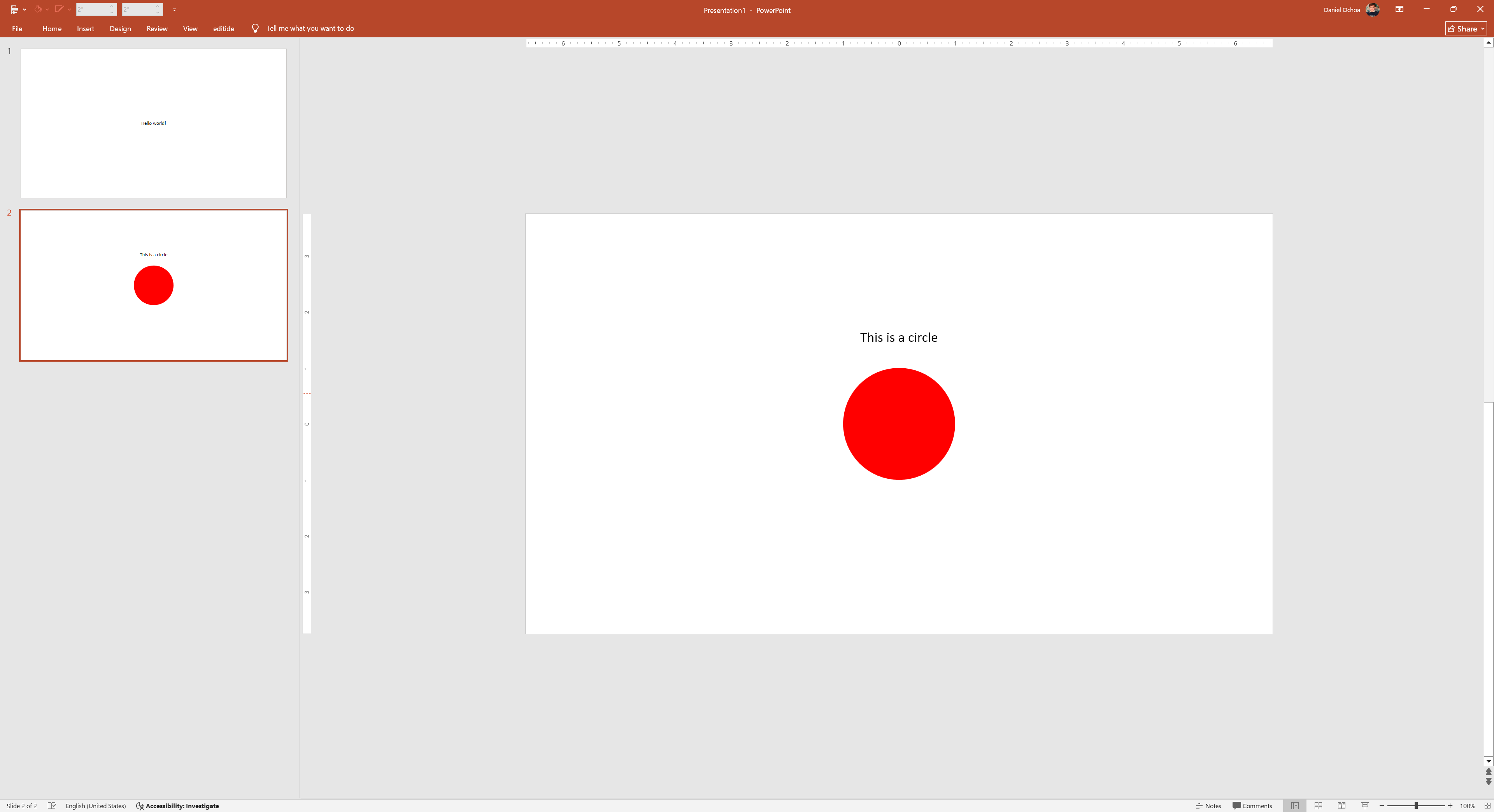 A slide with the text This is a circle above a red circle