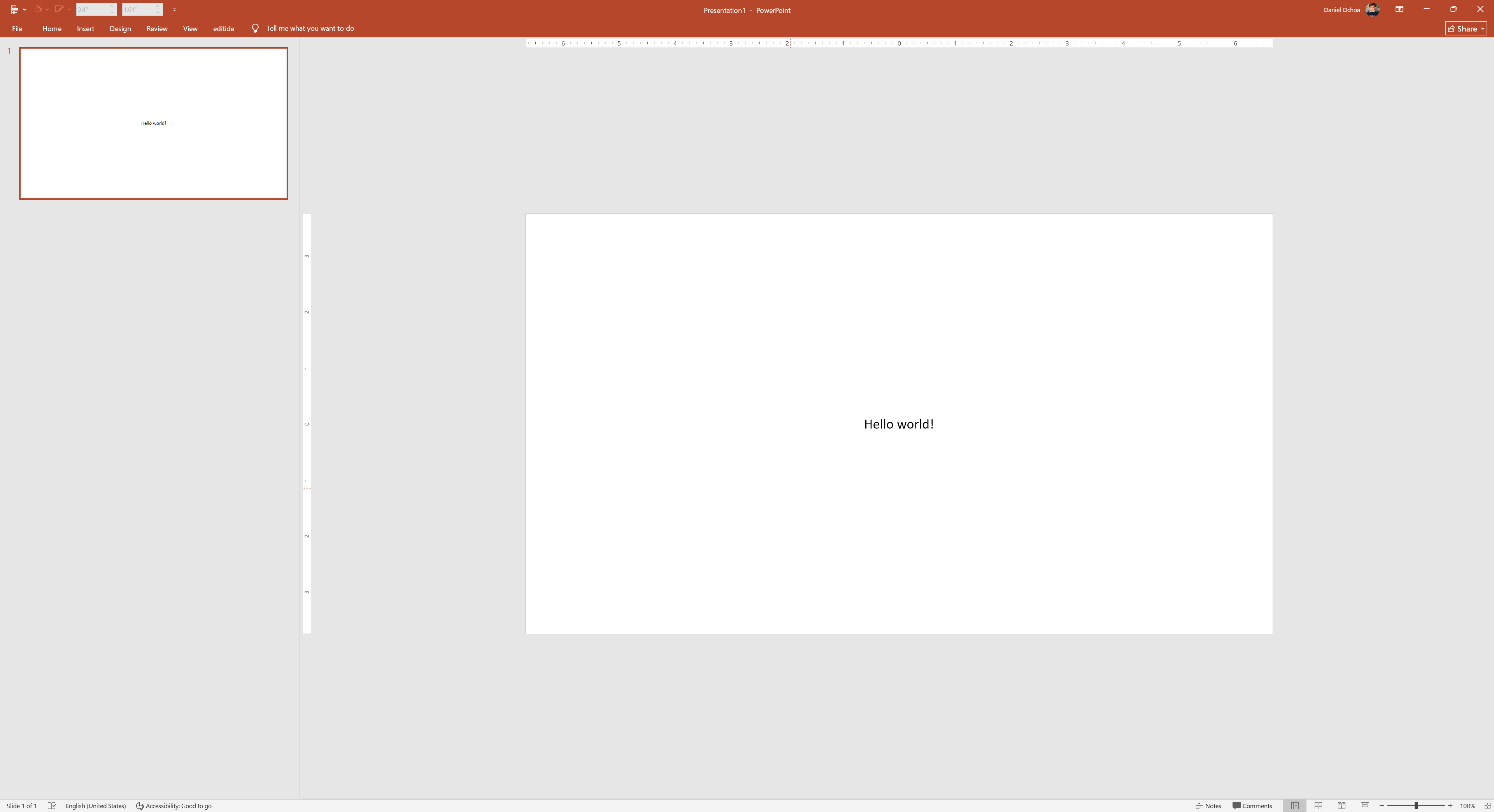 A blank slide with a single centered textbox reading Hello world!