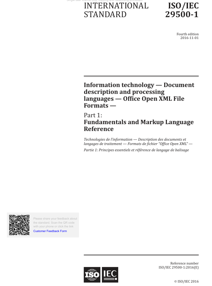 The ISO catalogue page for the Office Open XML file formats standard
